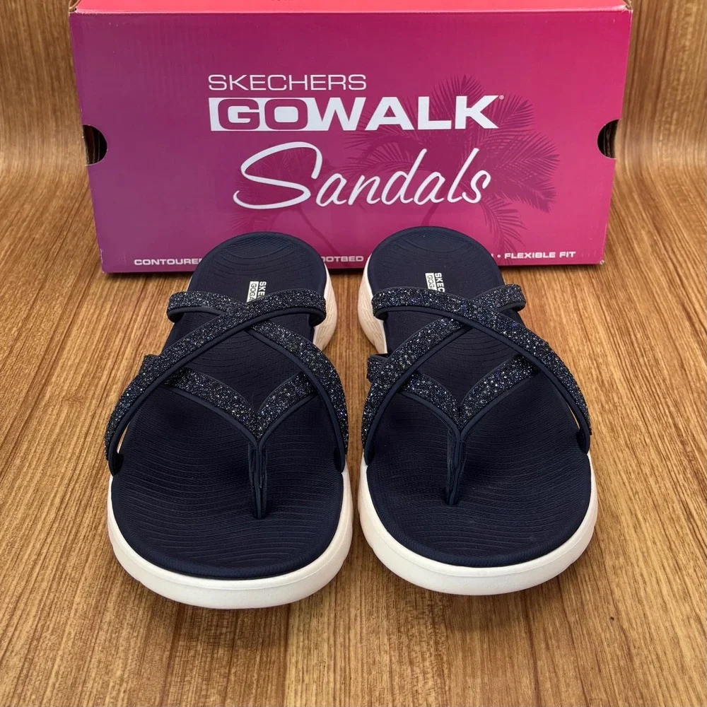 Skechers GoWalk Sandals Women 10 Navy Blue New Glitter Thong Flip Flop NEW